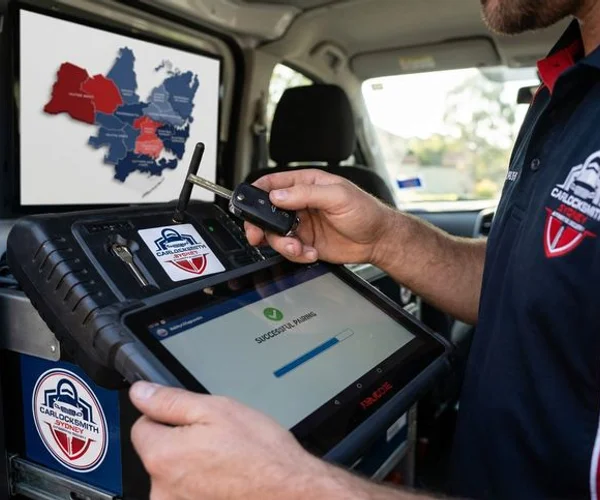 Modern car key fob being programmed by a professional locksmith