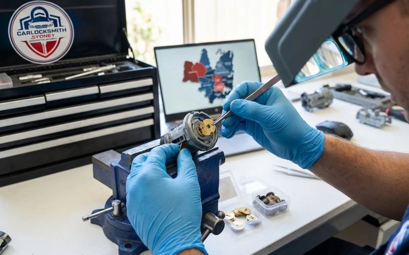 Automotive locksmith replacing worn ignition wafers in car barrel at Sydney workshop