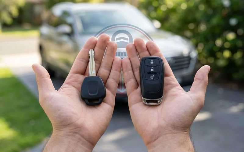 Car owner comparing transponder key and smart key fob in hand at Sydney parking area
