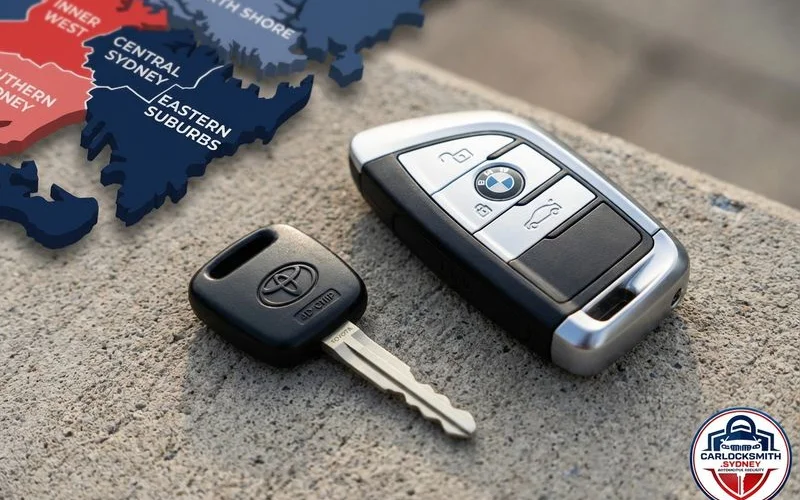 Comparison of simple Japanese car key next to complex European smart key with electronics