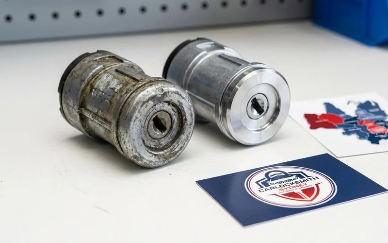 Comparison of old worn ignition barrel next to new replacement barrel for car repair