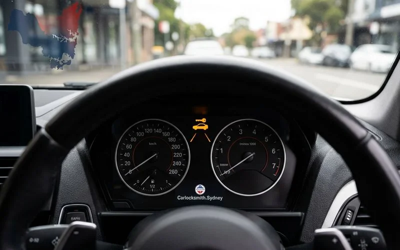 Dashboard warning light showing immobiliser key symbol illuminated on European car