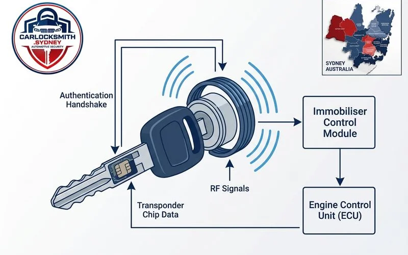 Diagram showing transponder key communication with antenna coil and immobiliser module