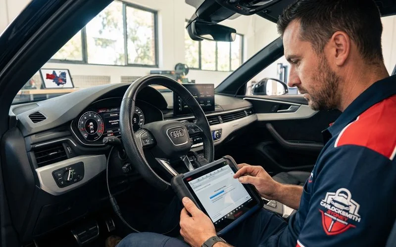 Locksmith using diagnostic tool to extract PIN code from Audi instrument cluster