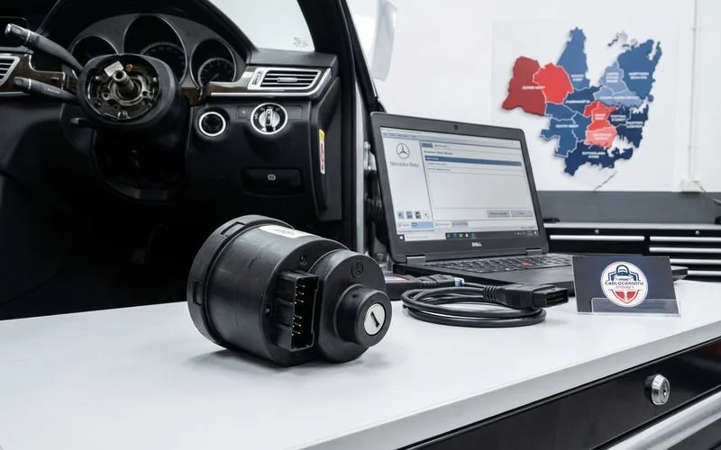 Mercedes EIS electronic ignition switch module removed from steering column for service