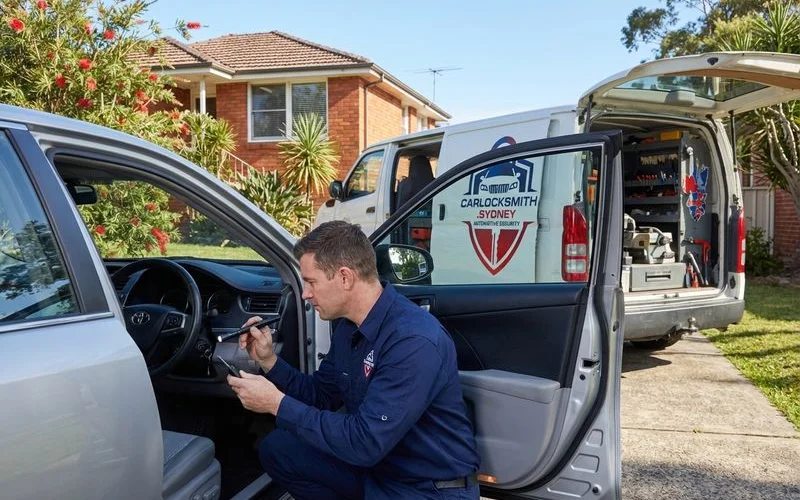 Mobile locksmith diagnosing car ignition problem in Sydney suburban driveway
