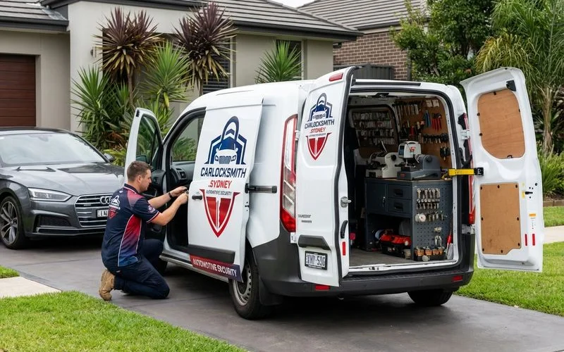 Mobile locksmith van servicing Audi in Sydney driveway with equipment visible