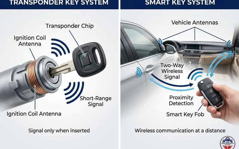 Side by side diagram showing how transponder key and smart key communicate with vehicle