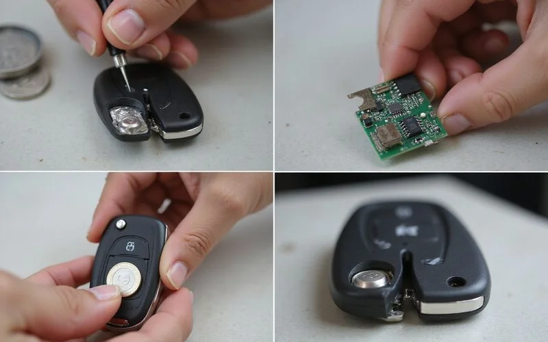 Step by step car key fob battery replacement showing open fob with old and new battery