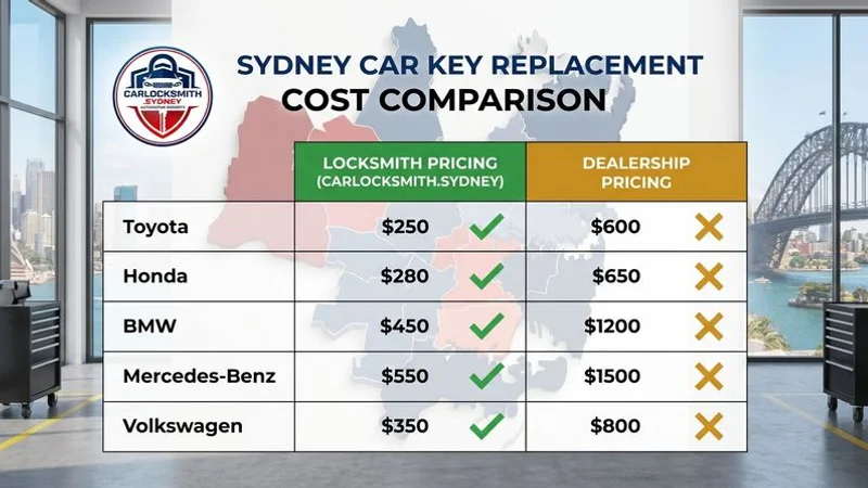 A comparison chart showing car key replacement costs by vehicle brand for locksmith versus dealership in Sydney