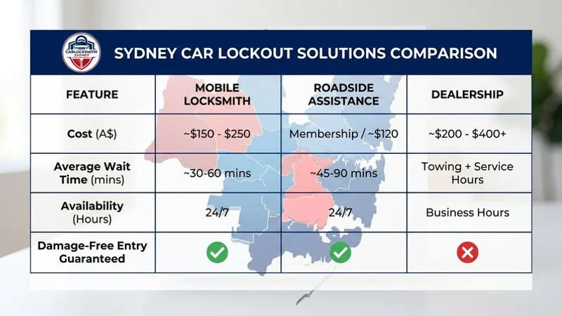Comparison table of car lockout solutions showing locksmith service as the most cost-effective option