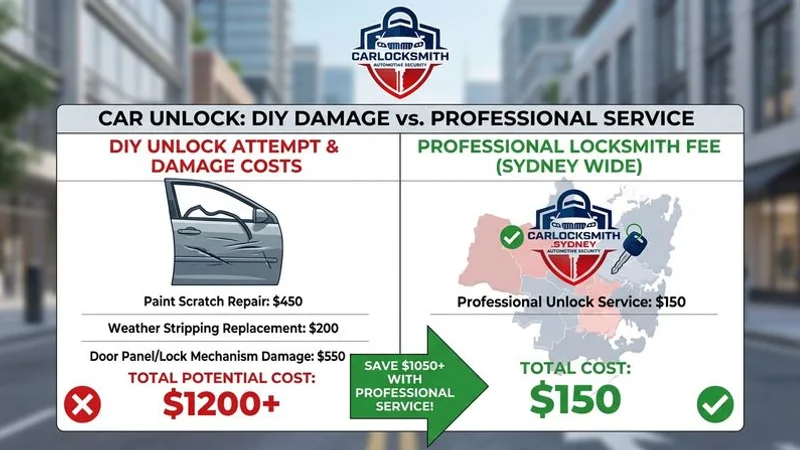 Side-by-side cost comparison chart showing DIY car unlock damage costs versus professional locksmith service fee