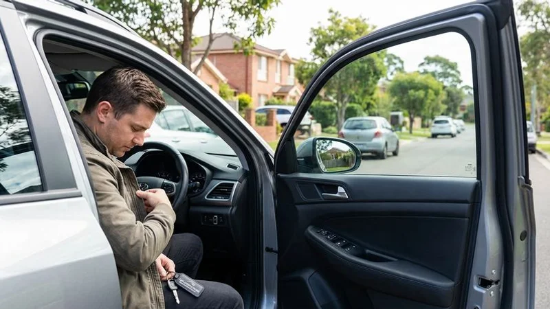 A driver doing a quick pocket check for car keys before exiting the vehicle as part of a lockout prevention routine