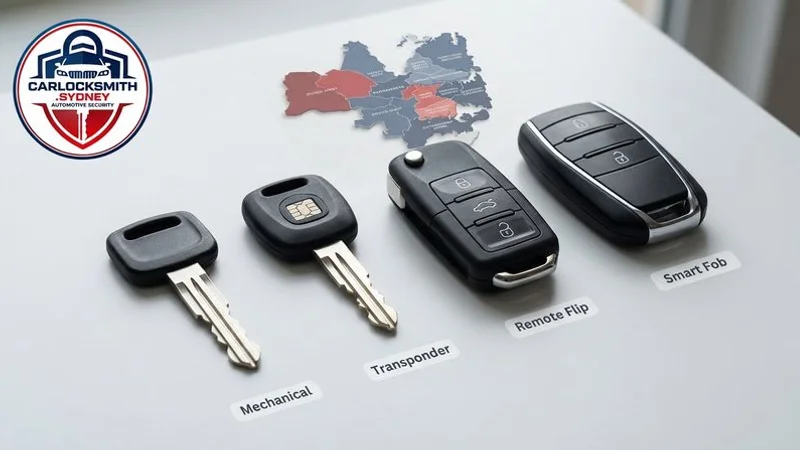 Four types of car keys arranged side by side from traditional mechanical key to modern smart proximity key