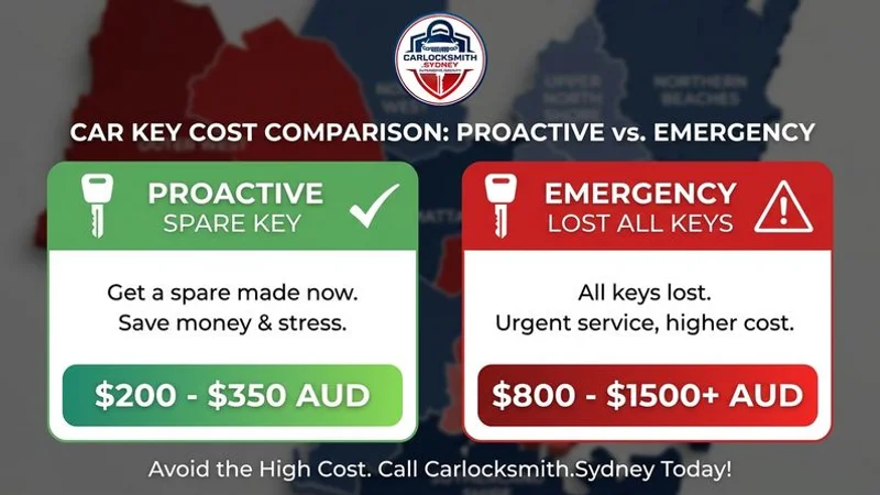 Infographic comparing the cost of getting a spare car key proactively versus paying for an all-keys-lost emergency replacement
