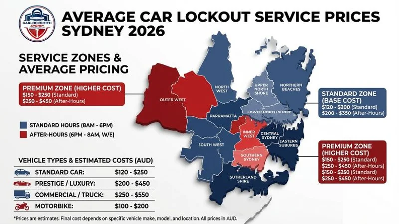 Infographic showing average car lockout service prices in Sydney for 2026 across different time periods
