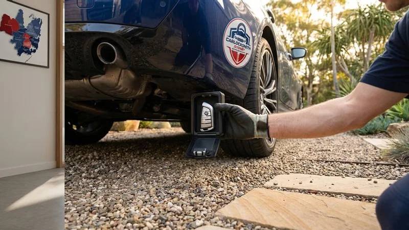 A magnetic key box being attached to the underside of a car as a spare key storage solution