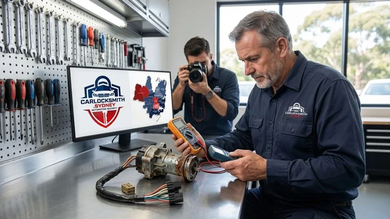 A mechanic inspecting a car ignition switch assembly that has been removed for repair due to electrical issues
