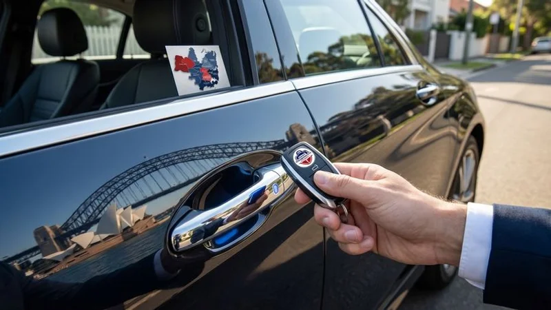 Modern smart proximity key being held near a car door handle to demonstrate keyless entry technology