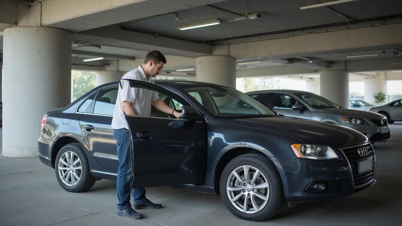 A person calmly checking all their car doors after being locked out in a Sydney car park