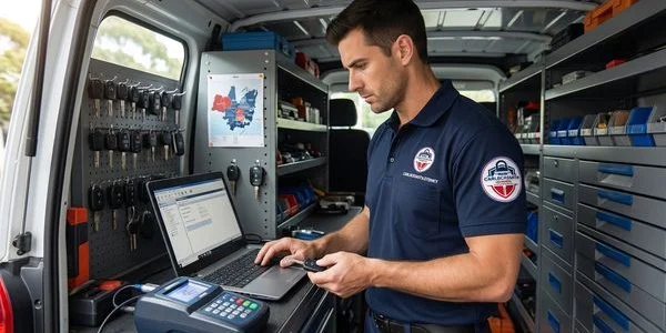 Locksmith programming a transponder key with diagnostic equipment