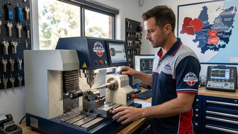 Professional locksmith using CNC key cutting machine to create a precision car key replacement