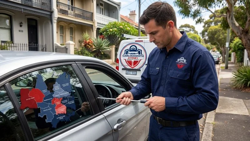 Professional locksmith using specialised automotive tools to safely unlock a car without damage