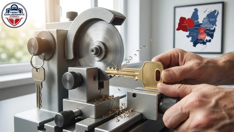 Close-up of a traditional mechanical car key being cut on a key cutting machine by a locksmith
